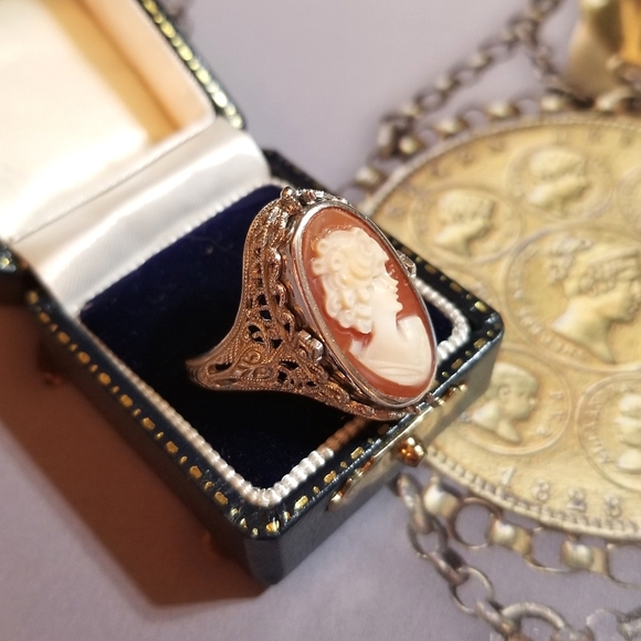 VTG FLIP RING Cameo/Onyx Sterling Silver Filigree - Picture 7 of 12